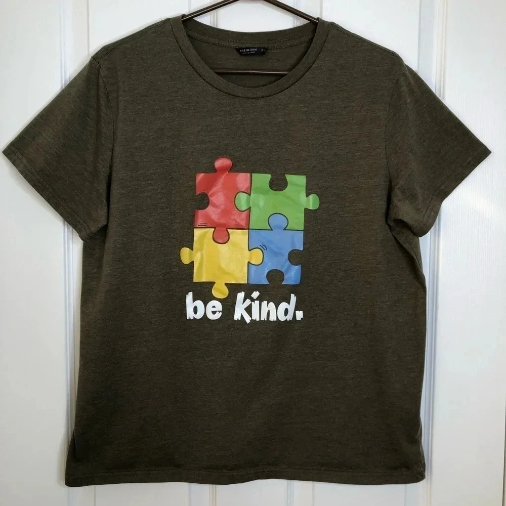 Shein Curve Be Kind Puzzle Pieces T-Shirt Green Size 12
